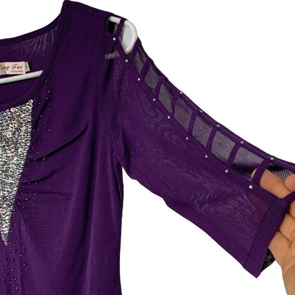 Dong Tai Womens Bling Sequin Bead Top Purple Size M 3328 Pullover ladder sleeve - Picture 2 of 5
